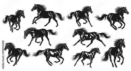 Dynamic Black  White Horse Silhouettes Running, Vector Art