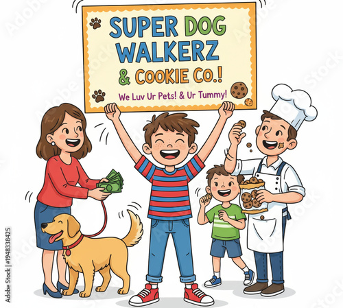 Smiling family operating a charming local pet walking and cookie delivery business, bringing happiness to furry friends and their human companions through dedicated service