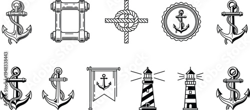 Vintage Nautical Icon Set Featuring Anchors Lighthouses Maritime Rope Knots Sailor Flag And Marine Emblems In Black And White Line Art