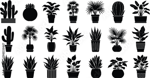 Potted plant silhouette set, houseplant and cactus collection, indoor botanical decor icons, tropical foliage plants vector illustration isolated on white background