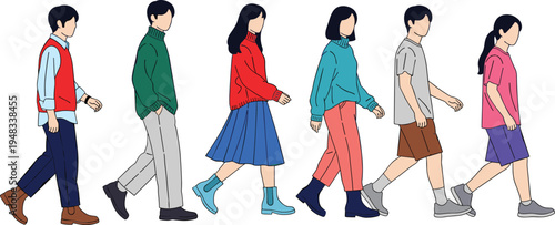 Six diverse illustrated individuals walking side by side in colorful casual and semi‑formal outfits, symbolizing fashion diversity, urban lifestyle, social movement, and modern design concepts.