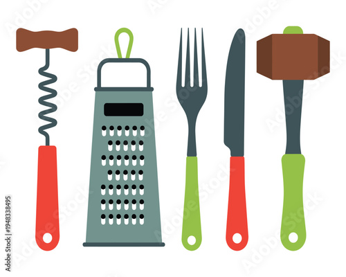 Collection of colorful kitchen utensils on a white background