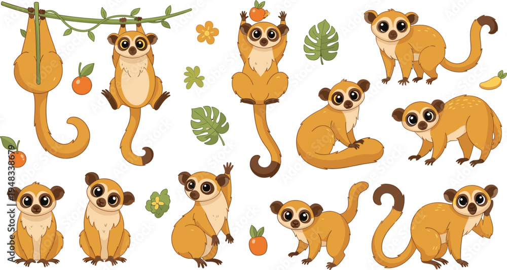 Fototapeta premium Cute Kinkajou Vector Illustration Set Featuring Adorable Tropical Tree Dwelling Mammals in Climbing, Sitting, and Hanging Poses for Wildlife Designs.