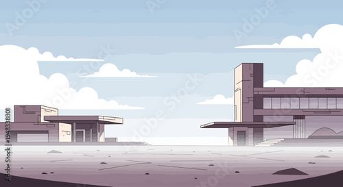 Modern minimalist buildings on a flat, dusty landscape under a cloudy sky