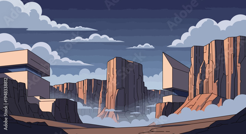 Futuristic buildings nestle within dramatic desert canyons under a cloudy twilight sky