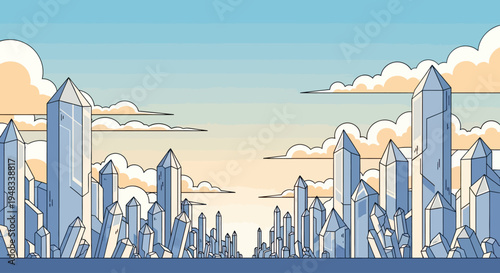 Vast landscape with towering crystal formations under a striped sky with clouds