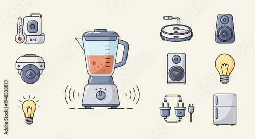 A collection of flat design icons depicting various home appliances and gadgets