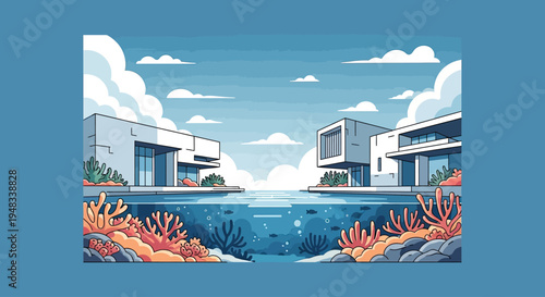 Modern coastal homes overlook a clear ocean pool with vibrant coral reefs and fish