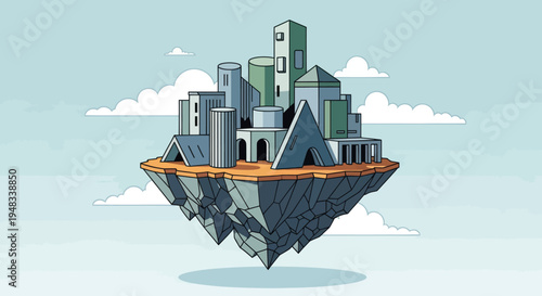 Stylized isometric floating island city with abstract architecture