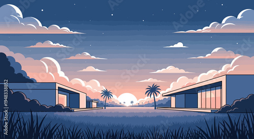 Modern houses on a grassy field with palm trees under a twilight sky