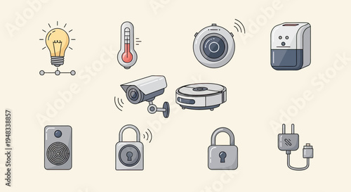 Collection of smart home devices lightbulb, thermometer, cameras, locks, speaker, robot vacuum, and plug