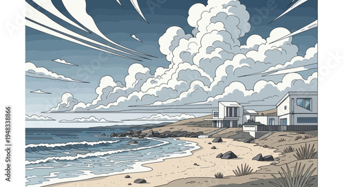 Modern beach houses on a rocky shore with dramatic, cloudy sky