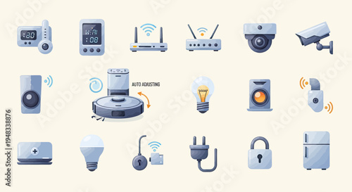 A collection of smart home devices, including cameras, routers, speakers, and appliances