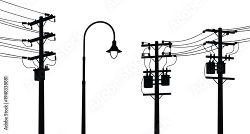 Black Silhouette Vector Set Of Electric Power Poles With Transformers Transmission Lines And A Vintage Street Lamp Isolated On White Background
