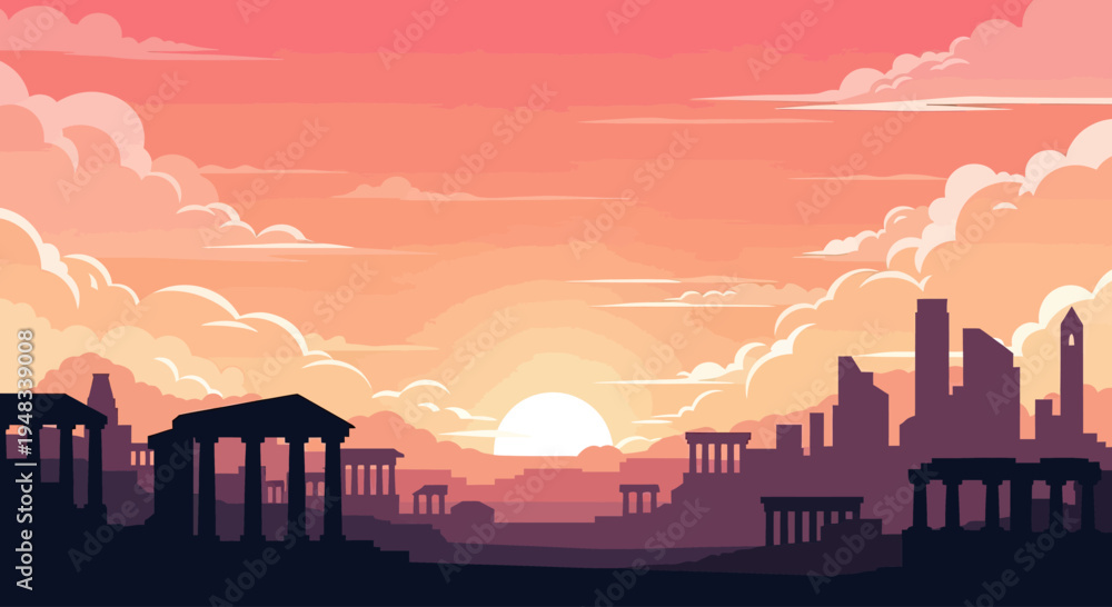 Fototapeta premium Ancient ruins silhouetted against a vibrant sunset sky with dramatic clouds
