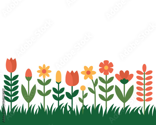Vibrant cartoon flowers bloom in a lush green meadow under a bright sky