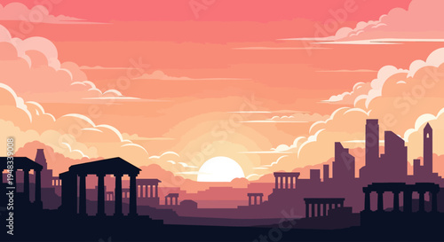 Ancient ruins silhouetted against a vibrant sunset sky with dramatic clouds