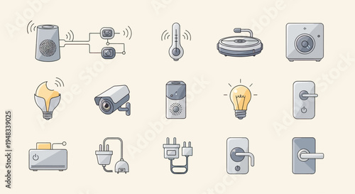 Diverse smart home devices and electrical components depicted