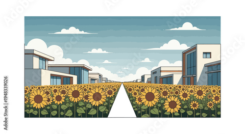 A path leads through a vast field of sunflowers towards modern houses