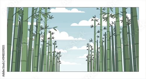 Towering green bamboo stalks reach towards a sky filled with fluffy white clouds