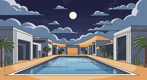 Modern minimalist resort at night under a full moon and dramatic clouds