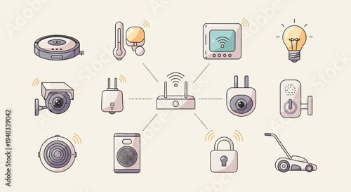 A central hub connects various smart home devices, including security, lighting, and cleaning tools