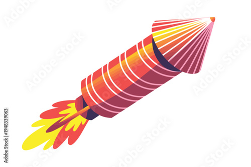 Brightly colored rocket firework blasting off with fiery tail on white background