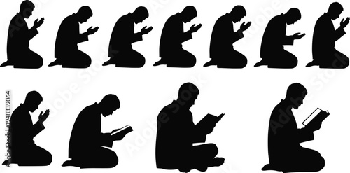 Muslim Man Praying and Reading Quran Silhouette Vector Set Featuring Islamic Worship, Ramadan Kareem, Sujud, Dua, Prayer, and Religious Devotion