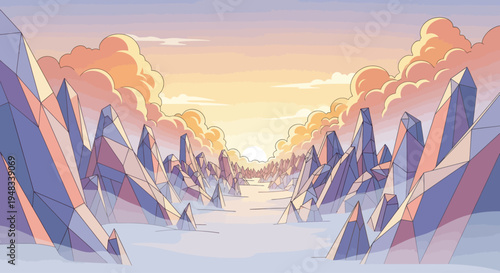 Jagged crystal peaks emerge from a snowy valley under a pastel sunrise