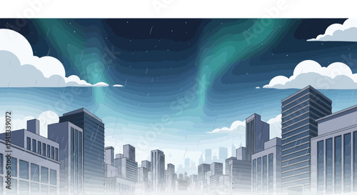 Cityscape with aurora borealis and rain