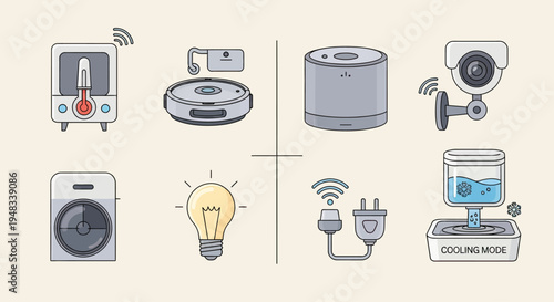 A collection of smart home devices, including a humidifier, robot vacuum, speaker, camera, fan, light bulb, plug, and cooler
