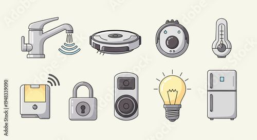 Collection of smart home devices, including a faucet, robot vacuum, camera, thermometer, controller, lock, light bulb, and refrigerator