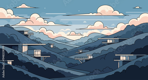 Minimalist homes nestled into rolling hills under a pale pink and blue sky