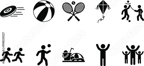 Summer Outdoor Activities Icon Set Featuring Beach Ball, Tennis Racket, Kite, Frisbee, Sand Bucket, Running, Volleyball, Kids Playing, and Family Vacation