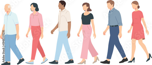 Six diverse illustrated individuals walking leftward in casual and semi‑formal attire, symbolizing diversity, urban lifestyle, social movement, demographics, and modern design concepts.