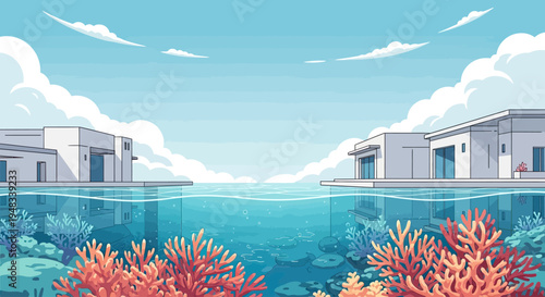 Modern houses above clear blue water with coral reefs below