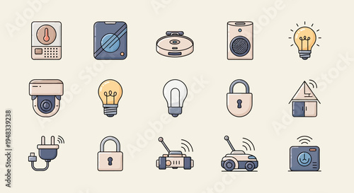 Icons of smart home devices temperature sensor, security camera, robots, lights, locks, and plug