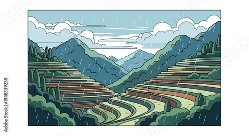 Misty mountains and terraced fields bask in gentle, ongoing rainfall under a cloudy sky