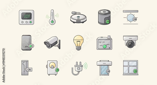 Collection of cartoon smart home devices, each with an "ON" indicator