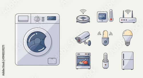 A collection of cartoon-style smart home appliances and devices