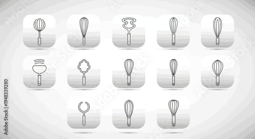 A collection of diverse kitchen whisks and egg beaters presented as icons