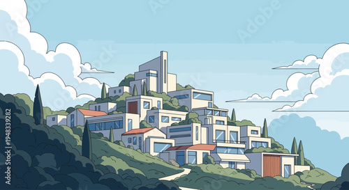 Modern, minimalist architecture cascades down a verdant hillside under a bright blue, cloudy sky