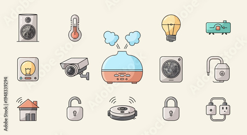 Collection of flat-style icons representing smart home devices and accessories