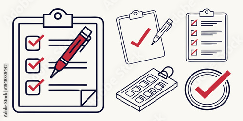 a set of checklist icons with red checks Vector