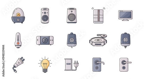 Collection of illustrated household appliances and electronic devices