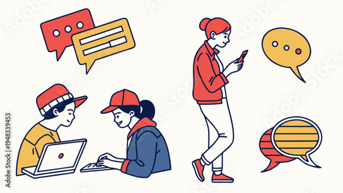 people communicating with each other using devices Vector