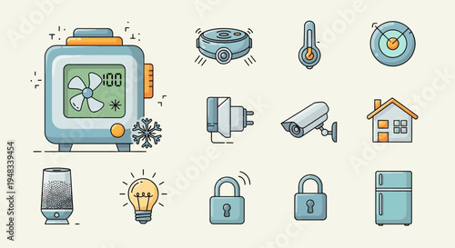 Collection of stylized icons representing various smart home devices