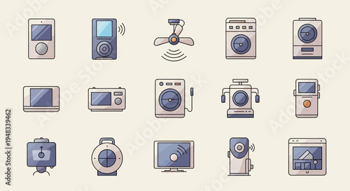 A collection of illustrated electronic devices and appliances on a plain background