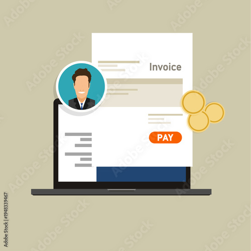 Online invoice payment service concept with laptop and pay button vector illustration