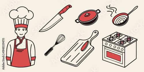 a chef with kitchen utensils and cookware Vector